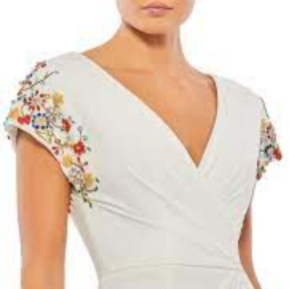 MacDuggal Jewled Sleeve White Faux Wrap Dress